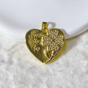 Gold heart pendant with clover zircons and Happy Mother's Day engraving for DIY jewelry