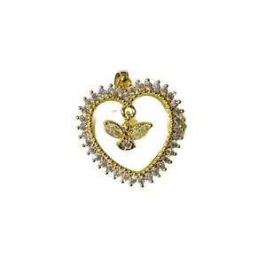 Gold plated heart pendant necklace with micro-paved zircons and a small bird charm