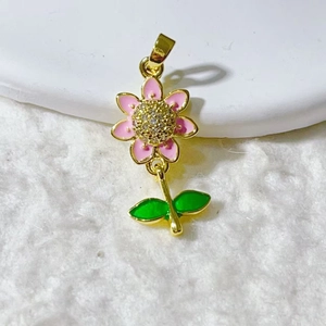 Pink enamel daisy flower pendant with gold plating and cubic zirconia micro-inlays