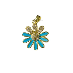 Daisy flower pendant in gold copper with light blue enamel and sparkling zircon stones