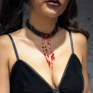 Gothic beaded choker featuring dark red crystal blood drips and flowing tassel details