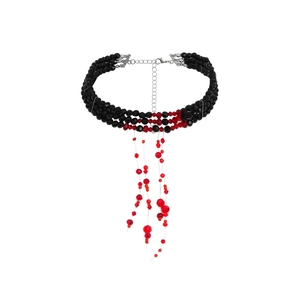 Gothic multilayer beaded necklace with red blood tassels and vintage black crystal beads