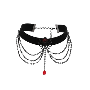 Gothik Samt-Choker mit rotem Rubin-Spinnen-Anhänger und mehrlagigen schwarzen Ketten