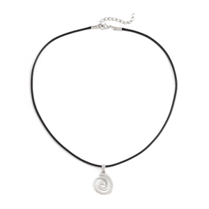 Close-up of bohemian spiral shell pendant with adjustable black cord and lobster clasp