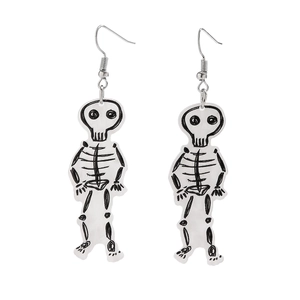 Detailed view of Halloween acrylic skull earrings with black line art and metal hooks