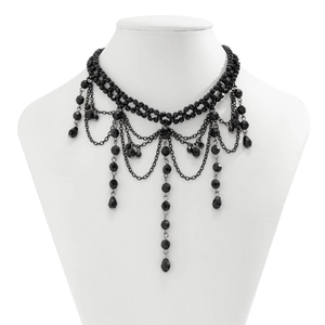 Detail of gothic black lace choker with tiered bead tassels and teardrop pendants