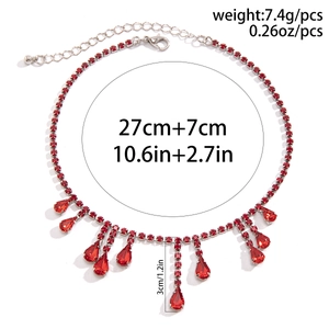 Detail of Gothic red crystal tassel necklace with dimensions and weight specifications