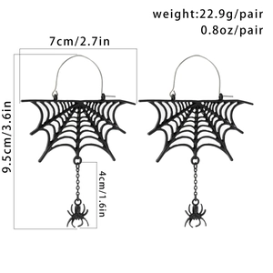 Detailed size chart for gothic spider web earrings with tassel fringe and product weight