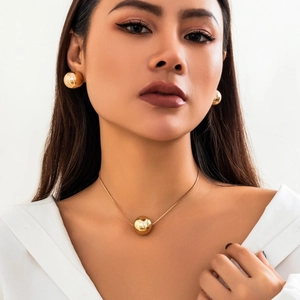Minimalist Geometric Ball Pendant Necklace With Matching Round Sphere Stud Earrings Minimalist Punk Snake Chain Jewelry Set For Women