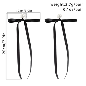 Detailed view of black satin ribbon bow earrings with dimensions and pearl flower stud