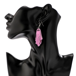 Pink cartoon ghost earrings for Halloween on a black model silhouette for visual contrast
