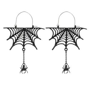 Gothic black spider web earrings with hanging spider charm and silver hooks