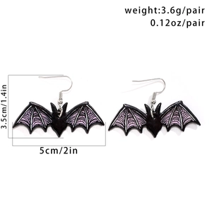 Detail of black acrylic bat earrings with purple texture and 3.6g weight information