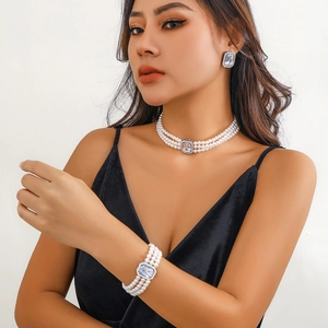 Ras du cou double rang en perles et perles turquoise avec bracelet et boucles assortis