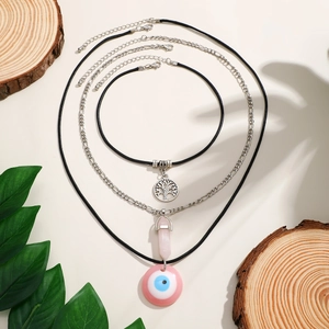 Dreiteiliges Halsketten-Set mit Lebensbaum, rosa Kristall und blauem Auge Anhänger