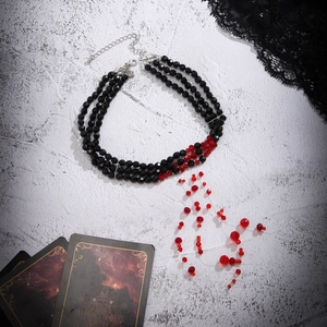 Gothic beaded choker with red crystal tassels and blood-drop pendants for Halloween