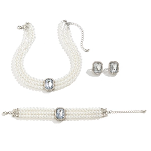 Ensemble de bijoux 3 pièces avec perles d'imitation triple rang et cristaux carrés