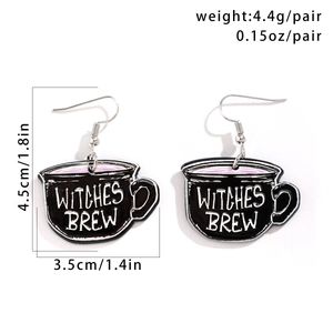 Detail view of Witches Brew acrylic mug earrings with weight and size measurements
