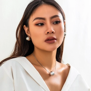 Minimalist silver snake chain necklace and round ball stud earrings jewelry set for women