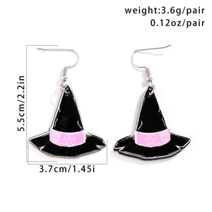 Detailed view of acrylic witch hat earrings showing exact 5.5cm height and weight specs