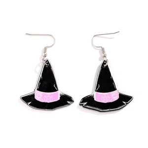 Detail of Halloween witch hat earrings in black acrylic with purple star pattern