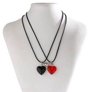 Magnetic heart pendant necklaces for couples with red and black contrast and black cord