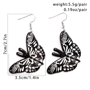 Detailed view of Gothic butterfly earrings with skeleton pattern and 7cm size measurements