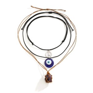 Dreiteiliges Set Layering-Halskette mit Peace-Zeichen, Evil Eye und Amethyst-Anhänger