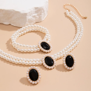 Détails de l'ensemble de perles vintage double couche avec pierres noires et bracelet assorti