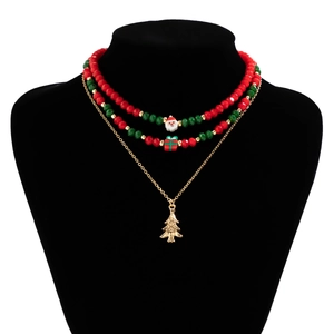 Three-layer Christmas choker set with red green beads and festive themed pendants