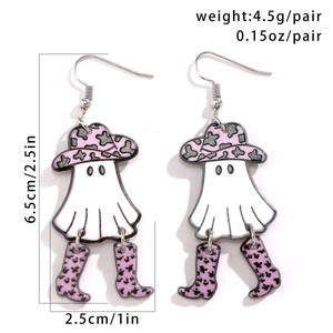 Ghost acrylic earrings showing measurements 2.5 by 1 inch and weight 0.15 ounces