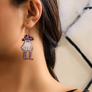 Close-up of ghost acrylic earrings with pink leopard cowboy hat on model for Halloween