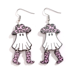 Detail of white acrylic ghost earrings with pink cowboy hat and boots for Halloween