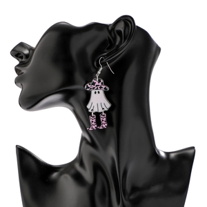 Detail of acrylic Halloween ghost earring with pink hat on a black mannequin