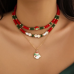 Three-layer Christmas choker necklace with snowman pendant and festive beads