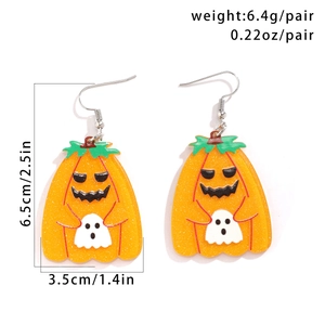 Detail showing 6.5cm glitter acrylic pumpkin ghost earrings with size and weight specs