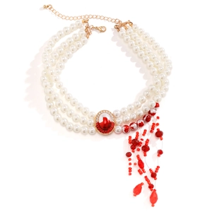 Vintage Gothic triple pearl necklace with red gemstone and blood drop tassel fringe