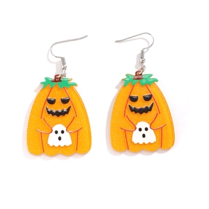 Detail of glitter orange acrylic pumpkin and white ghost earrings for Halloween