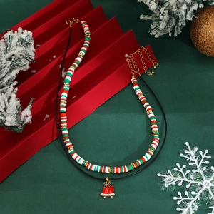 Double-layer Christmas necklace set with colorful polymer clay beads and red bell pendants