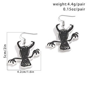 Detailed size chart of acrylic Halloween monster earrings with weight and dimensions