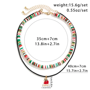 Detailed view of Christmas choker set with clay beads, black cord, and red bell pendant