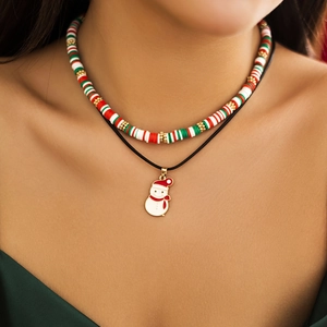 Christmas snowman pendant choker with red white and green Heishi bead layered necklace