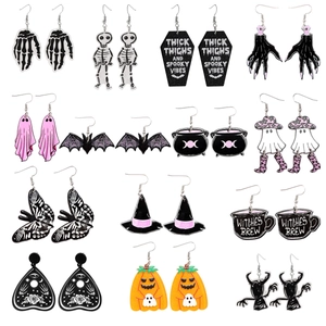 Halloween Acrylic Dangle Earrings Gothic Coffin Skeleton Ghost Pumpkin Witch Hat Bat Cauldron Drop Earrings Women Party Jewelry