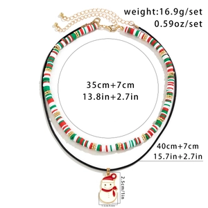 Detailed view of Christmas snowman pendant and colorful beaded choker set measurements