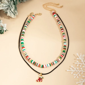 Close-up of Christmas necklace set featuring snowman beads and red stocking pendant