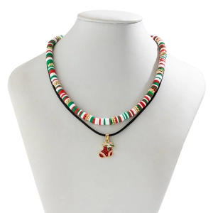 Double-layer Christmas choker with red and green clay beads and a festive sock pendant