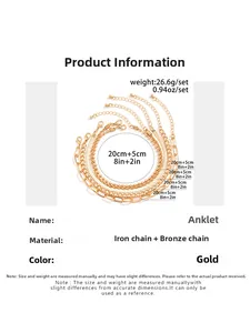 Size guide for a 5-piece gold anklet set made of iron and bronze with 20cm plus 5cm length