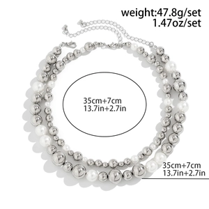 Ensemble de colliers punk avec grosses perles argentées et perles blanches pour femme