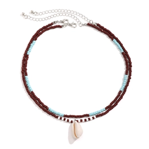 Bohemian double-layer beaded necklace with starfish accents and a white conch shell pendant