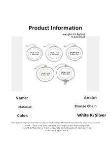 Size guide showing a 5-piece silver anklet set with 14cm+5cm lengths and material specs